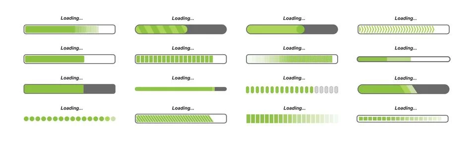 Green loading progress collection with various types of shapes Stock Illustration