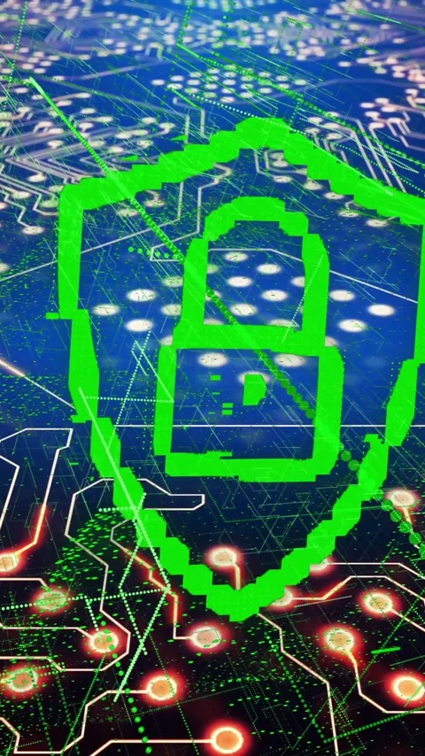 Green lock and shield animation over circuit board background Stock Footage 342915912