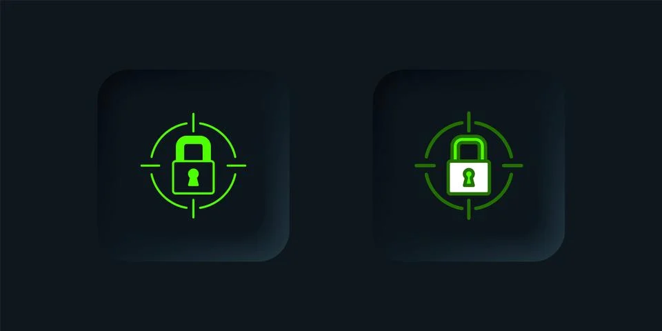 Green Lock icon isolated on black background. Padlock sign. Security, safet.. Illustrazione stock