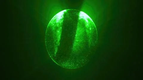 A green luminous orb sphere floating in darkness, dotted with light specks an Stock Illustration