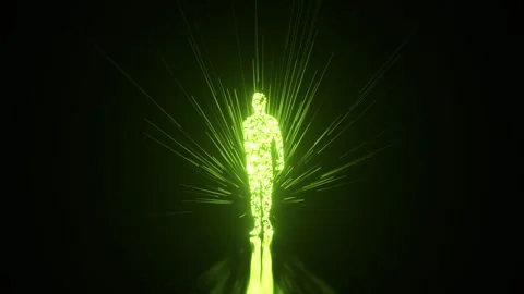 Green luminous particles coalescing to form a human silhouette, which then Stock Footage 322006499