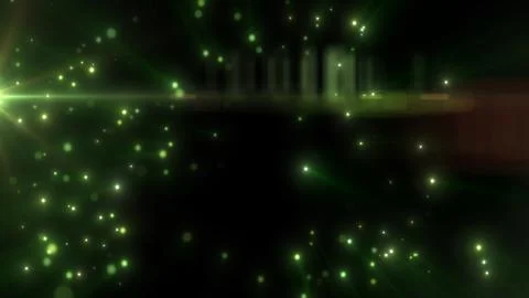 Green luminous particles radiating through darkness with bright lens flare,.. Stock Illustration