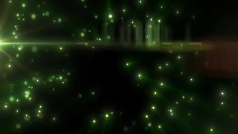 Green luminous particles radiating through darkness with bright lens flare,.. Illustrazione stock