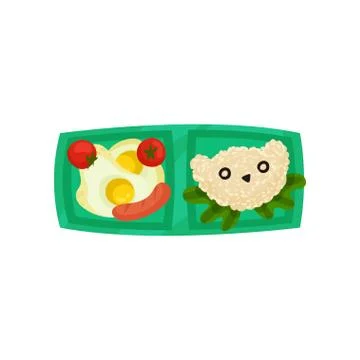 Green lunch box with fried eggs with tomatoes and sausage, rice in shape of bear Illustrazione stock