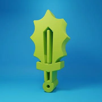 Green Magic sword in fire icon isolated on blue background. Fiery sword. Ma.. Stock Illustration