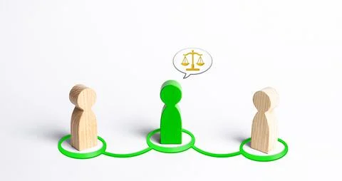 A green man mediates between two people. Judge the two sides and come to a .. Stock Photos
