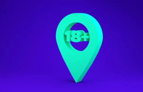 Green Map pointer with 18 plus icon isolated on blue background. Age restrict Stock Illustration