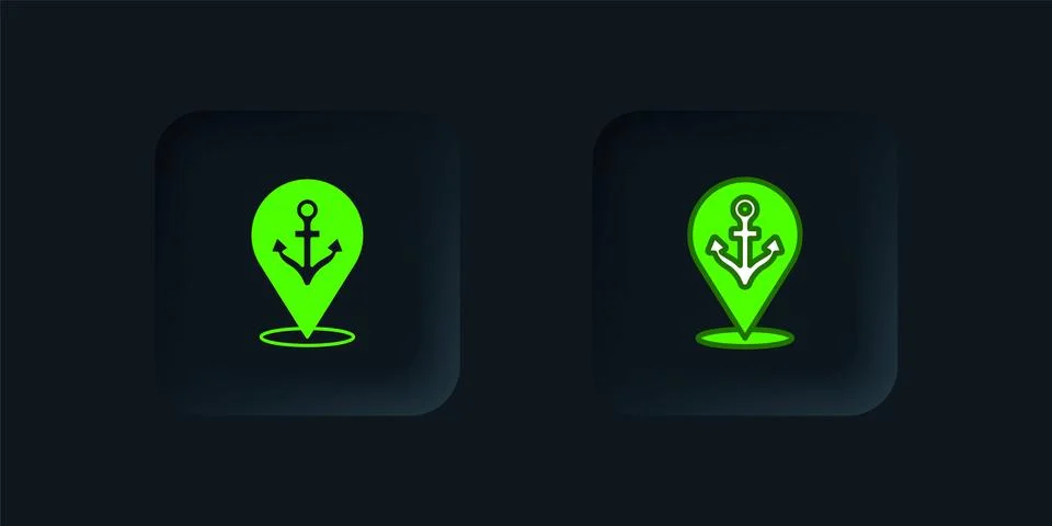 Green Map pointer with anchor icon isolated on black background. Black squa.. Stock Illustration