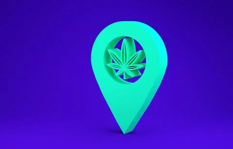 Green Map pointer and marijuana or cannabis leaf icon isolated on blue backgr Stock Illustration