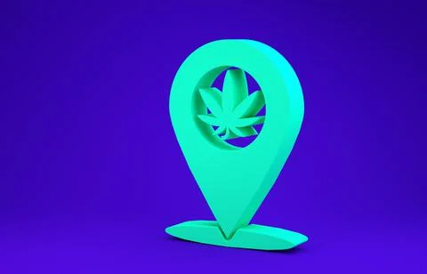 Green Map pointer and marijuana or cannabis leaf icon isolated on blue backgr Stock Illustration