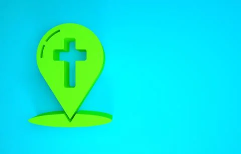 Green Map pointer with christian cross icon isolated on blue background. Mini Stock Illustration