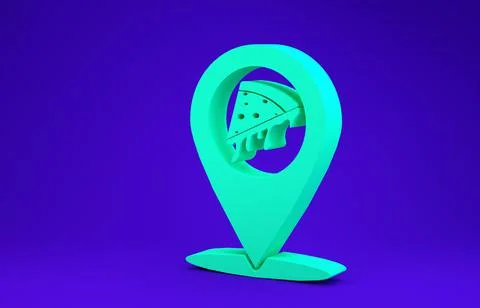 Green Map pointer with fast food slice pizza icon isolated on blue background Stock Illustration