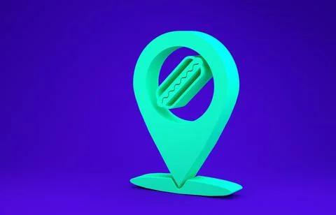 Green Map pointer with fast food hotdog icon isolated on blue background. Sau Stock Illustration
