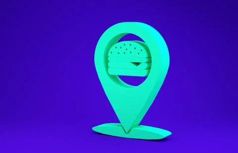 Green Map pointer with fast food burger icon isolated on blue background. Min Stock Illustration