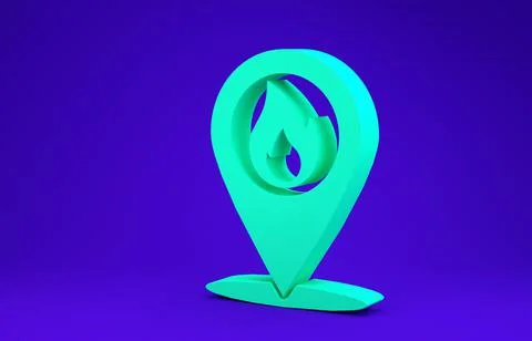 Green Map pointer with fire flame icon isolated on blue background. Fire near Stock Illustration