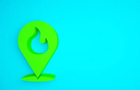 Green Map pointer with fire flame icon isolated on blue background. Fire nearby Stock Illustration