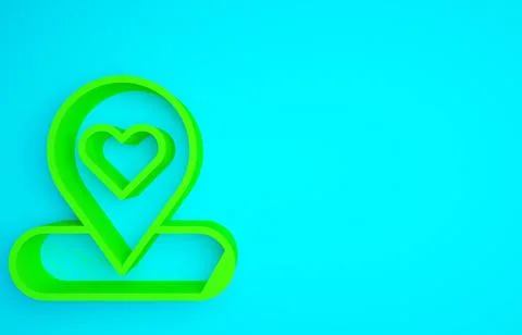 Green Map pointer with heart icon isolated on blue background. Valentines day Stock Illustration