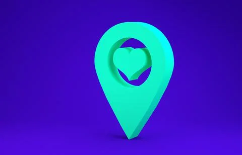 Green Map pointer with heart icon isolated on blue background. Minimalism con Stock Illustration