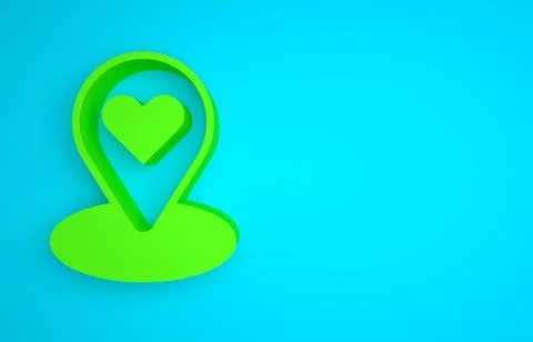 Green Map pointer with heart icon isolated on blue background. Valentines day Stock Illustration
