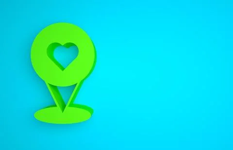 Green Map pointer with heart icon isolated on blue background. Valentines day Stock Illustration