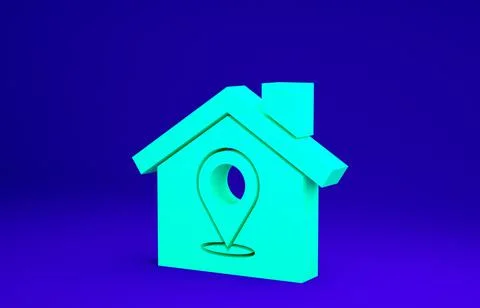 Green Map pointer with house icon isolated on blue background. Home location  Stock Illustration