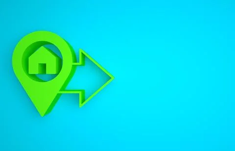 Green Map pointer with house icon isolated on blue background. Home location Stock Illustration