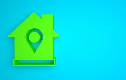 Green Map pointer with house icon isolated on blue background. Home location Illustrazione stock
