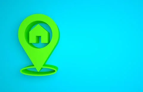 Green Map pointer with house icon isolated on blue background. Home location Stock Illustration
