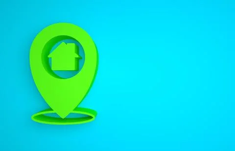 Green Map pointer with house icon isolated on blue background. Home location 스톡 일러스트