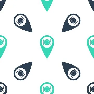 Green Map pointer with restaurant and cutlery, dish, fork, knife icon isolated Stock Illustration