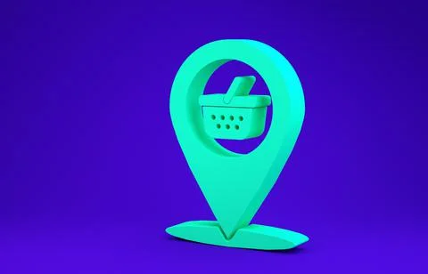 Green Map pointer with shopping basket icon isolated on blue background. Pin  스톡 일러스트