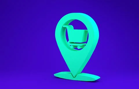 Green Map pointer with shopping cart icon isolated on blue background. Pin po Stockillustratie
