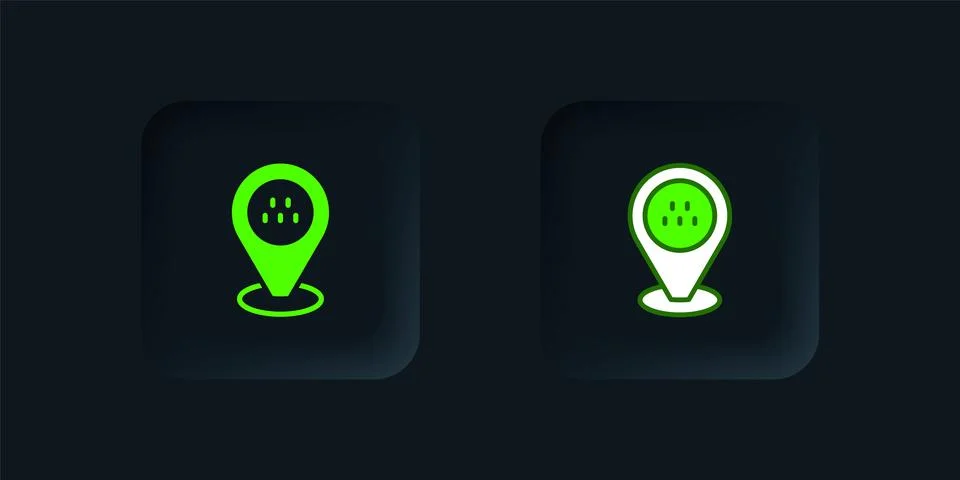 Green Map pointer with taxi car icon isolated on black background. Location.. Stockillustratie
