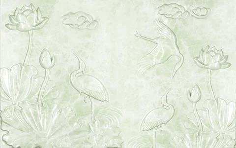 Green marble background, embossed ceramic water lilies and herons Illustrazione stock