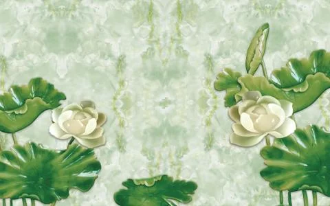 Green marble background, large white ceramic water lilies with green leaves Stock Illustration