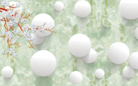 Green marble background, large white balls, branch with white magnolia flowers Stock Illustration