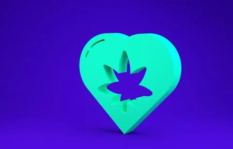 Green Marijuana leaf in heart shape icon isolated on blue background. Hemp sy Illustrazione stock