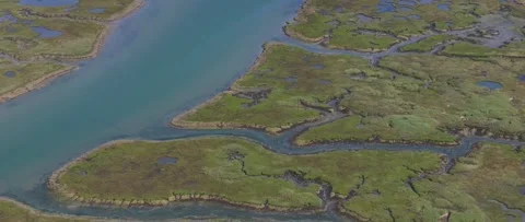 A green marshy area with a river running through it Stock Footage 298270044