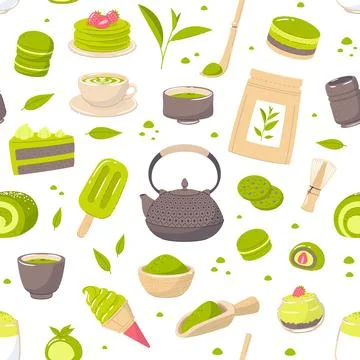 Green matcha desserts seamless pattern. Japanese tea, hot drink and brewing Stock Illustration