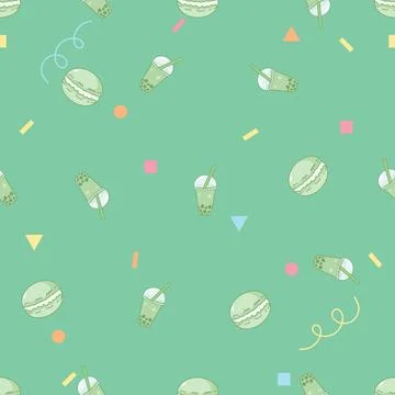 Green Matcha Macaron and Bubble Tea Seamless Pattern on Mint Green Background Stock Illustration