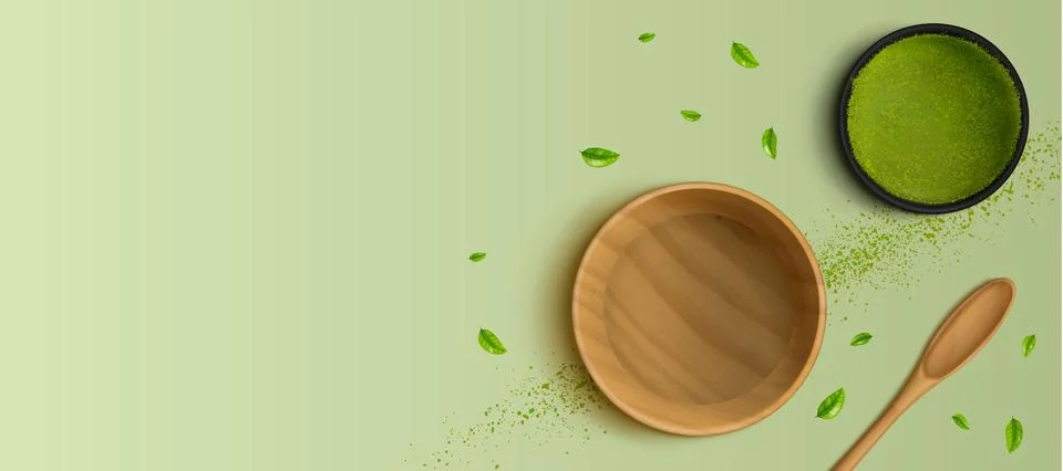 Green matcha tea, vector bg with powder splash Stock Illustration