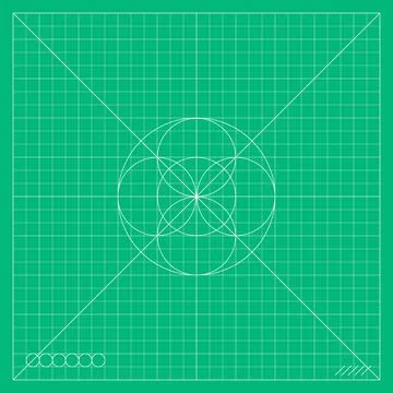 Green mathematical grid with concentric circular forms, intersecting Stock Illustration