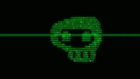 Green Matrix Code Hacker Skull Cyber Attack Scanning Animation. Stock Footage 346751876
