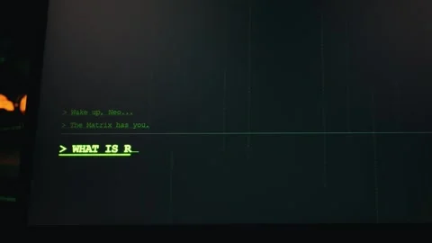 Green Matrix Digital Terminal Interface with Wake Up Neo Message Prompt Stock Footage 334733107