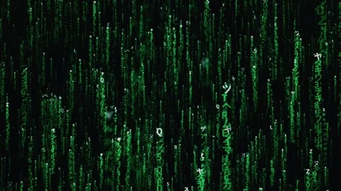 Green Matrix Style Digital Code Characters Falling on Black Background Stockbeeldmateriaal 334733980