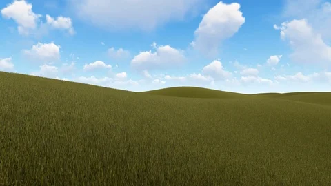 Green Meadow with sky and Clouds, 3D Rendering, 4k Stock Footage 120412683