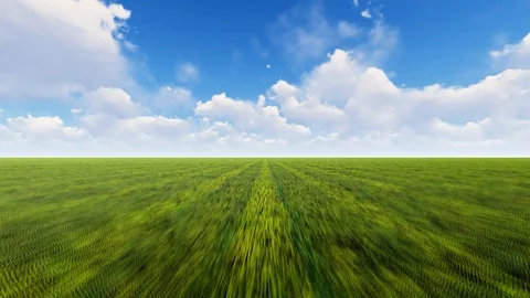 Green Meadow with sky and Clouds, 4K Animation, 3D Rendering Stock Footage 122248090