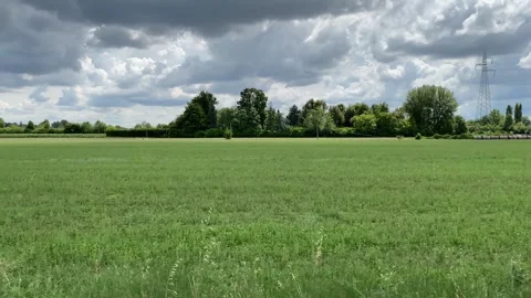 Green meadow under a dramatic cloudy sky. Bologna countryside, Italy. 4K Stock Footage 315507153