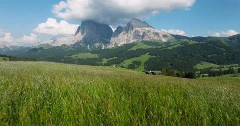 Green meadows and fields on Seiser Alm. Sassolungo, Langkofel Mountain Stock Footage 197841188