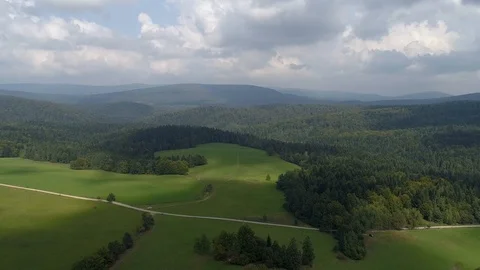 Green meadows and forests in the mountains, drone, aerial view Stock Footage 123702805